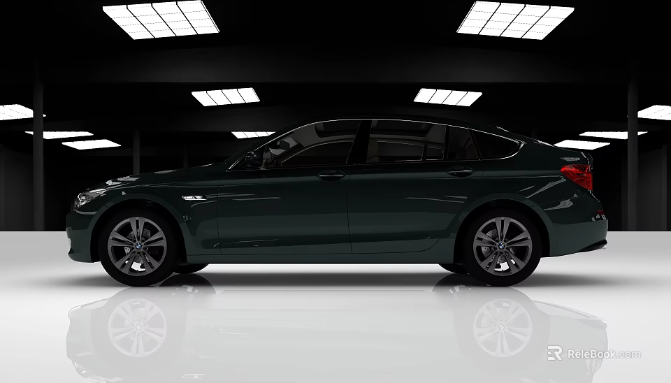 Modern Dark Sedan With Sleek Body Design In Showroom Lighting And Reflective Floor 3d model 
