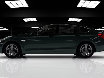 Modern Dark Sedan With Sleek Body Design In Showroom Lighting And Reflective Floor 3d model