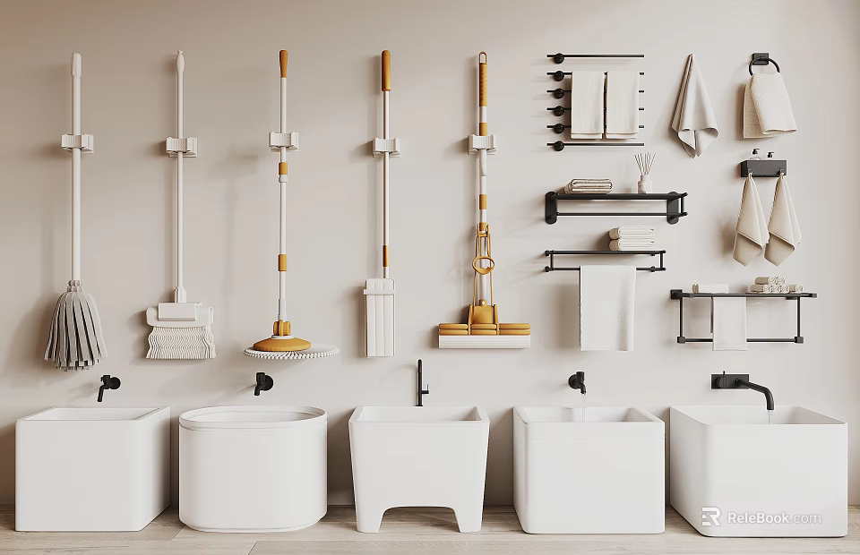 Bathroom Cleaning Tools And White Sinks With Wall Mounted Racks And Towels 3d model