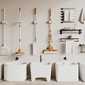Bathroom Cleaning Tools And White Sinks With Wall Mounted Racks And Towels 3d model