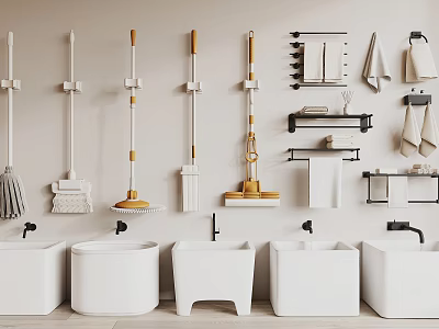 Bathroom Cleaning Tools And White Sinks With Wall Mounted Racks And Towels 3d model