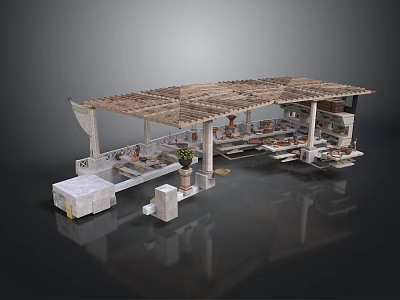 Wooden Canopy Market Structure With Multiple Stalls Displayed Goods And Potted Plant 3d model