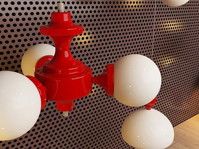 Contemporary Lighting Fixture With Red Main Body And White Spherical Bulbs On Black Perforated Wall 3d model