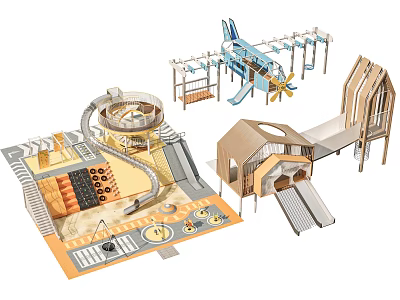 Modern Wooden Playground Equipment With Slides Climbing Structures And Tunnels 3d model