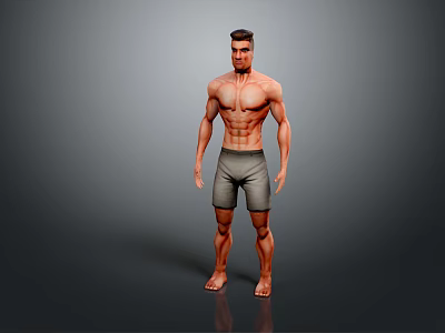 Muscular Shirtless Male Character Standing in Gray Shorts on Gray Background 3d model