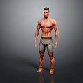 Muscular Shirtless Male Character Standing in Gray Shorts on Gray Background