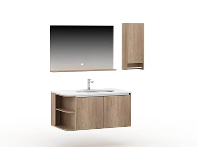 Wooden Bathroom Vanity Cabinet With Mirror Countertop Faucet And Storage Shelves 3d model