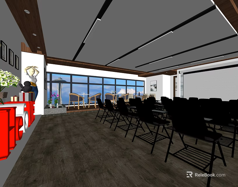Modern Conference Room Interior With Black Chairs Tables Large Windows And Wooden Flooring 3d model 