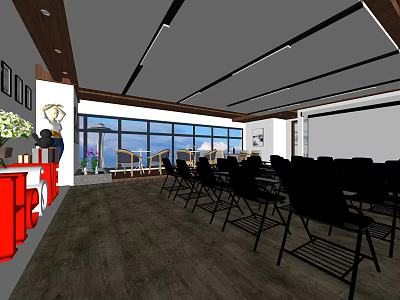 Modern Conference Room Interior With Black Chairs Tables Large Windows And Wooden Flooring 3d model