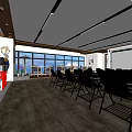 Modern Conference Room Interior With Black Chairs Tables Large Windows And Wooden Flooring