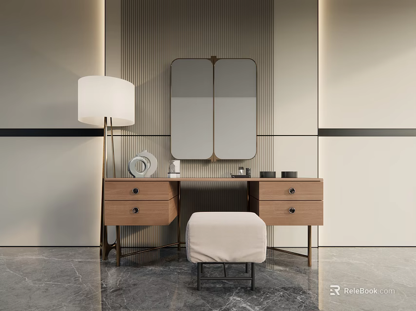 Modern Wooden Dressing Table With Mirror Lamp And Stool In Minimalist Interior 3d model 