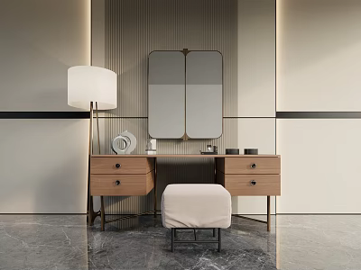 Modern Wooden Dressing Table With Mirror Lamp And Stool In Minimalist Interior 3d model