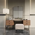 Modern Wooden Dressing Table With Mirror Lamp And Stool In Minimalist Interior