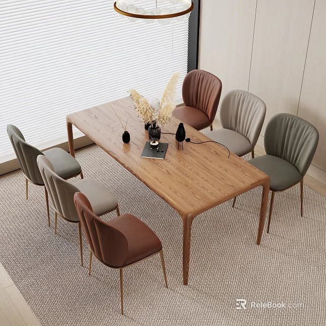 Wooden Dining Table Set With Modern Multi Colored Chairs And Decorative Items In Light Room 3d model