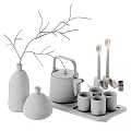 Decorative Ornament Set With Twigs Clear Glass Bottle Ceramic Teapot Mugs And Candles