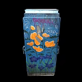 Graffiti Decorated Electrical Equipment Box With Orange Flowers And Purple Leaves On Black Background