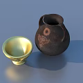 Stylish Decorative Ornament Set with Golden Bowl and Patterned Earthenware Pot 3d model