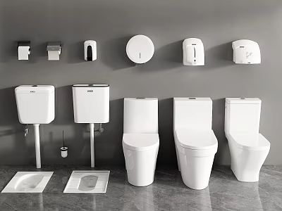 Different Styles of White Toilets with Bathroom Accessories on Gray Wall and Floor 3d model