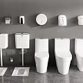 Different Styles of White Toilets with Bathroom Accessories on Gray Wall and Floor
