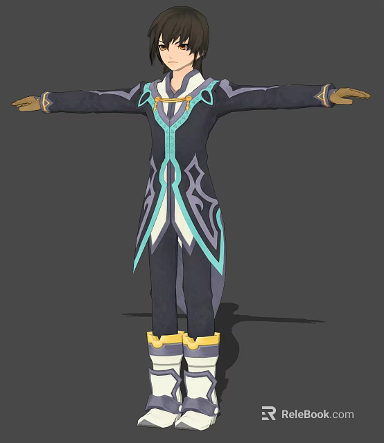 Game Movie Character Outfit with Dark Blue Light Blue Accents Yellow Trim and Outstretched Arms 3d model 