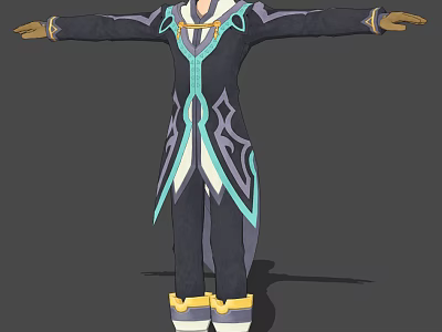 Game Movie Character Outfit with Dark Blue Light Blue Accents Yellow Trim and Outstretched Arms 3d model