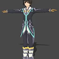 Game Movie Character Outfit with Dark Blue Light Blue Accents Yellow Trim and Outstretched Arms