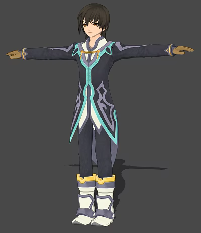 Game Movie Character Outfit with Dark Blue Light Blue Accents Yellow Trim and Outstretched Arms 3d model