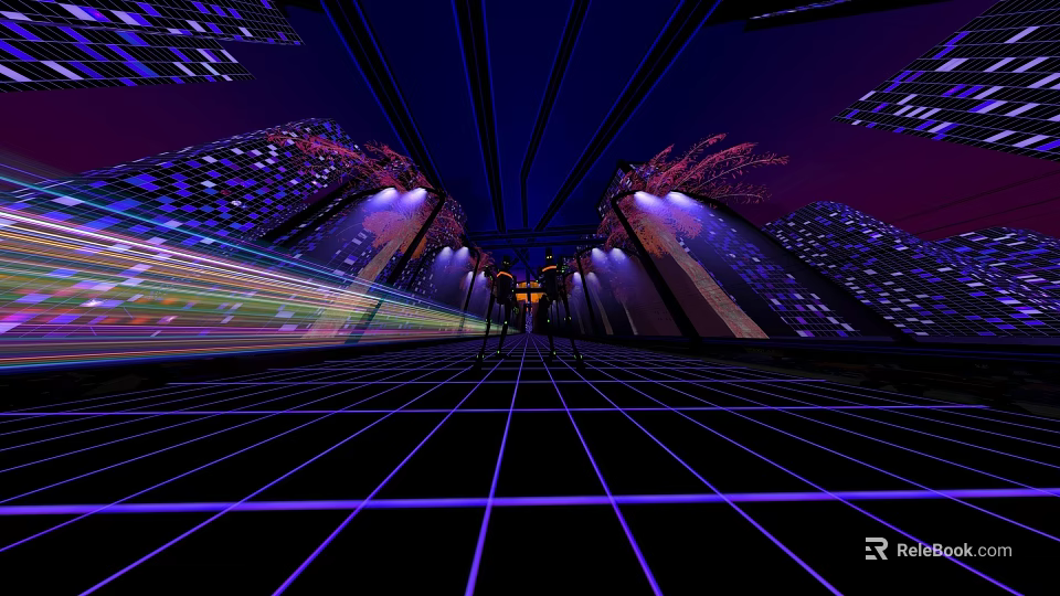 Futuristic Urban Architecture With Skyscrapers Neon Lights And Grid Patterned Ground At Night 3d model 
