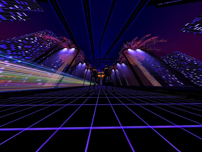 Futuristic Urban Architecture With Skyscrapers Neon Lights And Grid Patterned Ground At Night 3d model