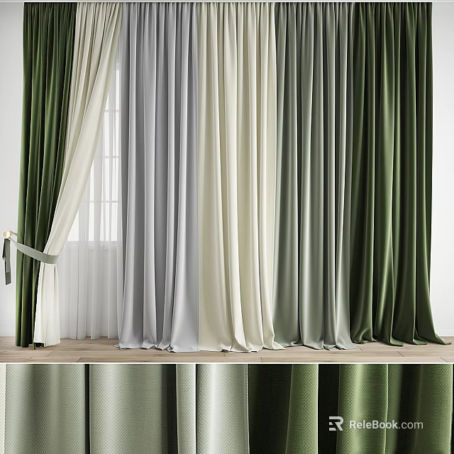 Elegant Green Grey And White Curtains With Velvet Fabric For Window Decoration 3d model 