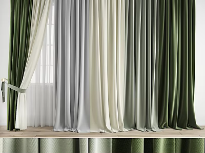 Elegant Green Grey And White Curtains With Velvet Fabric For Window Decoration 3d model