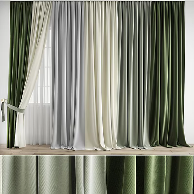 Elegant Green Grey And White Curtains With Velvet Fabric For Window Decoration 3d model