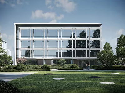 Modern Glass Facade Office Building With Green Lawn Trees And Outdoor Space 3d model