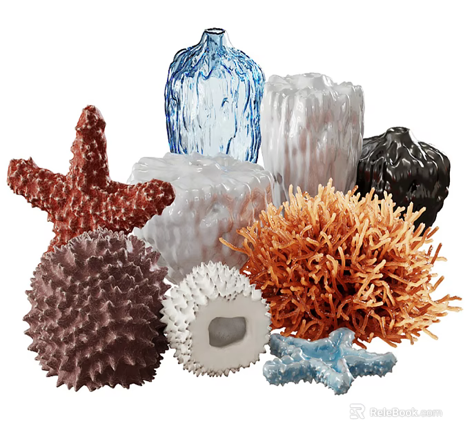 Colorful Textured Decorative Ornament Set With Starfish And Coral Like Designs For Home Tabletop Decor 3d model 