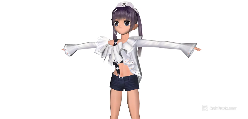 Game Anime Character With Purple Hair Ponytail White Top Black Shorts Arms Outstretched 3d model 