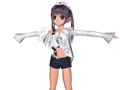 Game Anime Character With Purple Hair Ponytail White Top Black Shorts Arms Outstretched 3d model