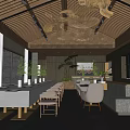 Modern Cafe Interior Design With Long Dining Table Green Pendant Lights And Large Windows