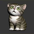 Cute Striped Cat Game Movie Character With Big Green Eyes 3D Model Sitting Pose