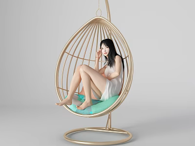 Relaxed Woman Sitting In Golden Egg Shaped Hanging Chair With Light Blue Cushion 3d model