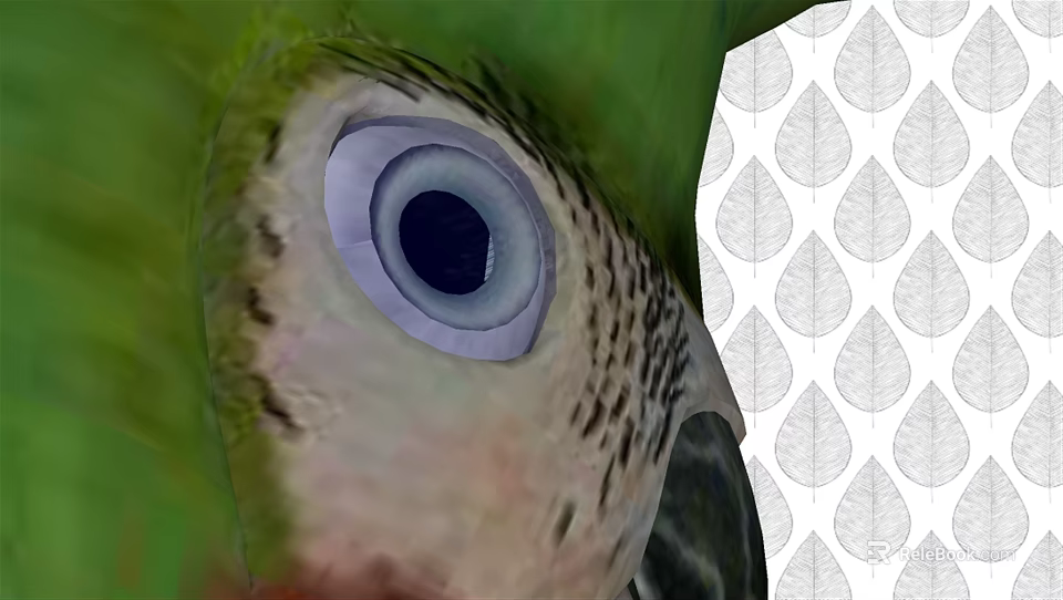 Vibrant Green Parrot With Purple Eye Ring Feathers And Black Beak On Leaf Pattern Background 3d model 