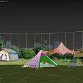 Outdoor Canvas Tipi Tents On Green Grass Field With Trees And Cloudy Sky