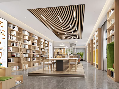 Spacious Modern Library Interior With Wooden Slat Ceiling Bookshelves Wooden Table Chairs And Green Plants 3d model