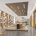 Spacious Modern Library Interior With Wooden Slat Ceiling Bookshelves Wooden Table Chairs And Green Plants