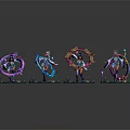 Vibrant Fantasy Game Movie Characters With Purple Blue Rings Magical Staffs On Green Bases