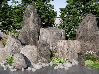 Natural Stone and Wood Garden Decor With Green Plants Trees and Small Rocks 3d model