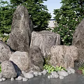 Natural Stone and Wood Garden Decor With Green Plants Trees and Small Rocks