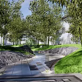 Traditional Scenic Wall with Bamboo Trees Stone Pathway Rockery and Natural Landscape