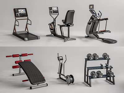 Essential Sports Equipment For Home Gym Including Treadmill Exercise Bike Dumbbells And Weight Bench 3d model