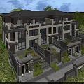 Traditional Chinese Style Townhouse Exterior With Multiple Floors Balconies And Lush Greenery