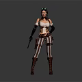 Steampunk Female Character In Striped Outfit With Weapon And Utility Belt Boots